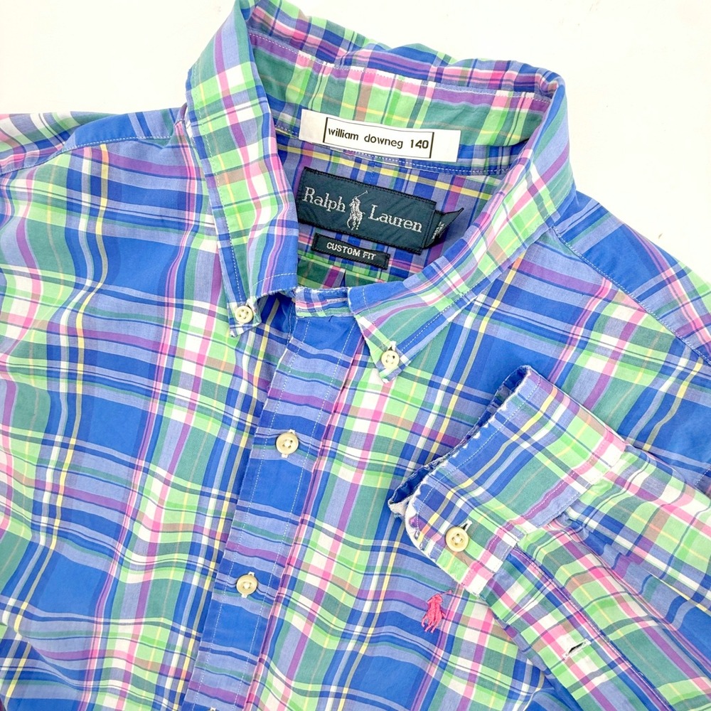 Polo Ralph Lauren Plaid Shirt Mens M Blue Green Pink Frayed Sleeve Cuff Preppy